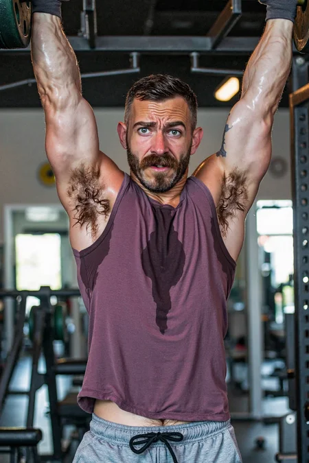 professional HD photo of A man with a beard and a funny mustache is lifting weights in a gym. He is wearing a dark-magenta tank top with sweat and gray shorts. The shirt has sweat-damp on the belly area and a large (sweat-damp on the armpit area:1.3) dripping. His arms are fully extended as he lifts the weights above his head. The gym is well-equipped with various pieces of exercise equipment visible in the background. The man's face is focused and determined as he continues to lift the weights. The camera is positioned in front of him capturing the full extent of his arms and the weights he is lifting.
🎯<lora:Sweaty Shirt v7.5.safetensors:0.9:0.9>
<lora:flux\my\damp\adjusted_pre7_Damp Armpits Flux v1-000005.safetensors:1.4000000000000001:1.4000000000000001>
<lora:flux\Sony_a7_III.safetensors:0.75:0.75>
<lora:flux\Anti-BlurFLUX.safetensors:0.12:0.12>
<lora:flux\Sweaty-000001.safetensors:0.9:0.9>
📌[LoRas Used]: Sweaty Shirt v7.5, adjusted_pre7_Damp Armpits Flux v1-000005, Sony_a7_III, Anti-BlurFLUX
📌[LoRas Used with Diogod's Block Analysis Presets]: Sweaty-000001