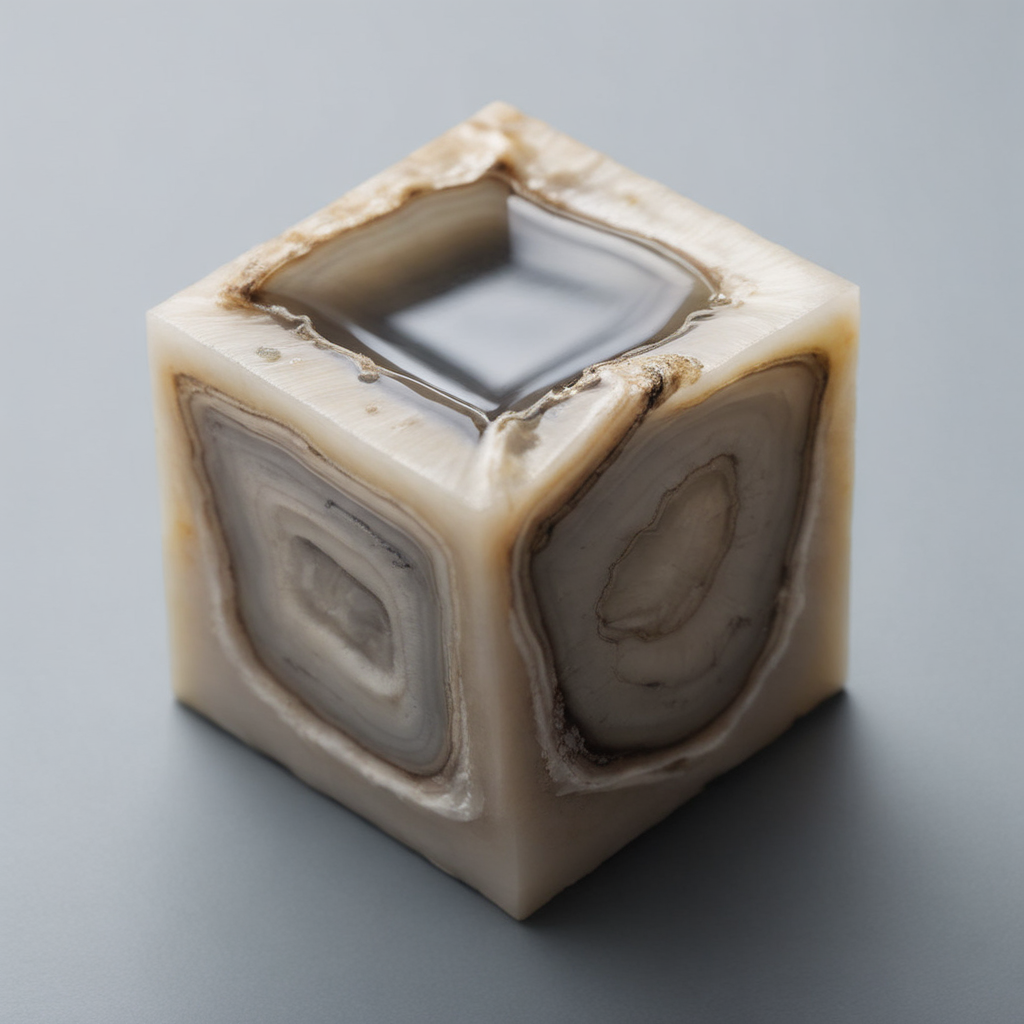 Dive into a world where nature meets geometry. Here, an oyster, typically known for its irregular, organic shape, has been transformed into a precise cube. This reshaped oyster sits on a pristine white pedestal, drawing all attention to its bizarre form. The scene is bathed in a cool, ambient light, which reflects off the oyster's surface, revealing its intricate textures and the oddity of its cubic shape. Medium: High-resolution photography. Style: Contemporary with a blend of natural and surreal elements. Lighting: Ambient lighting with a focus on the oyster. Colors: Cool tones with pops of the oyster's natural hue. Composition: Captured using a Nikon D850, with a 24-70mm lens, 45.7 megapixels resolution, ISO: 64, Shutter speed: 1/100 second,chunks ,<lora:chunks3:0.7>