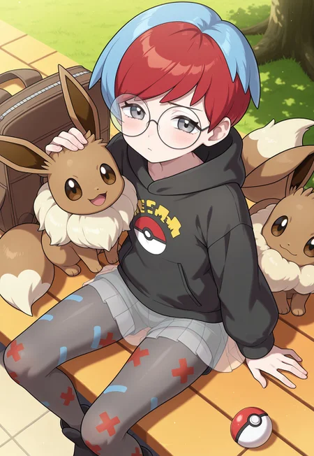 masterpiece, best quality, amazing quality, 1girl, penny_\(pokemon\), short hair, bangs, blue hair, red hair, multicolored hair, two-tone hair, round glasses, grey eyes,long sleeves, black hoodie, brown bag, hood down, poke ball print,transparent skirt, pantyhose, see-through skirt, shorts, shorts under skirt, grey pantyhose, looking at viewer, pokemon (creature), eevee, head pat, sitting, from above,
Outdoors, school,
absurdres, volumetric lighting, high res, very aesthetic, anime coloring, sunrise stance,