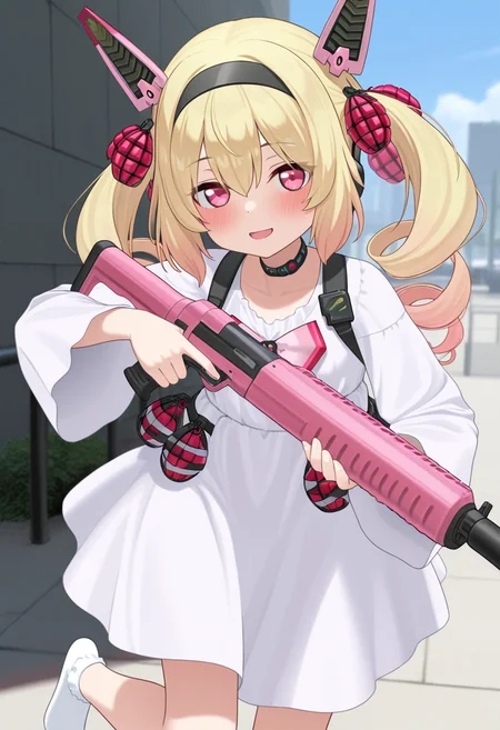 ikinone_tomeru, blonde hair, twintails, hairband, multicolored hair, black hairband, hair ribbon, pink eyes, long hair, gradient hair, headgear, hair between eyes ,drill hair, mechanical ears,
choker, white dress,ong sleeves, grenade, bow, ribbon, official alternate costume, white socks, no shoes,
holding pink weapon,
<lora:ikinone_tomeru_Illustrious-XL_2.0_v1:1>, IllusP0s,masterpiece, best quality, amazing quality, very aesthetic, absurdres, newest
solo,1girl,, standing, (dynamic pose) , blush,open mouth,light smile,
looking at viewer,(upper body, close-up),cowboy shot, upper body,
(outdoors, )