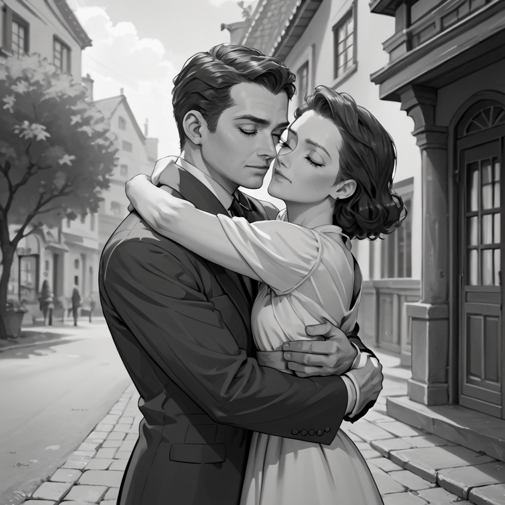score_9, score_8_up, score_7_up, score_6_up, source_anime, portrait, hud_40s_lv, monochrome, greyscale, 1girl, 1boy, suit, dress, hug, film grain, cinematic, <lora:40sromance-000007:0.8>, outdoors