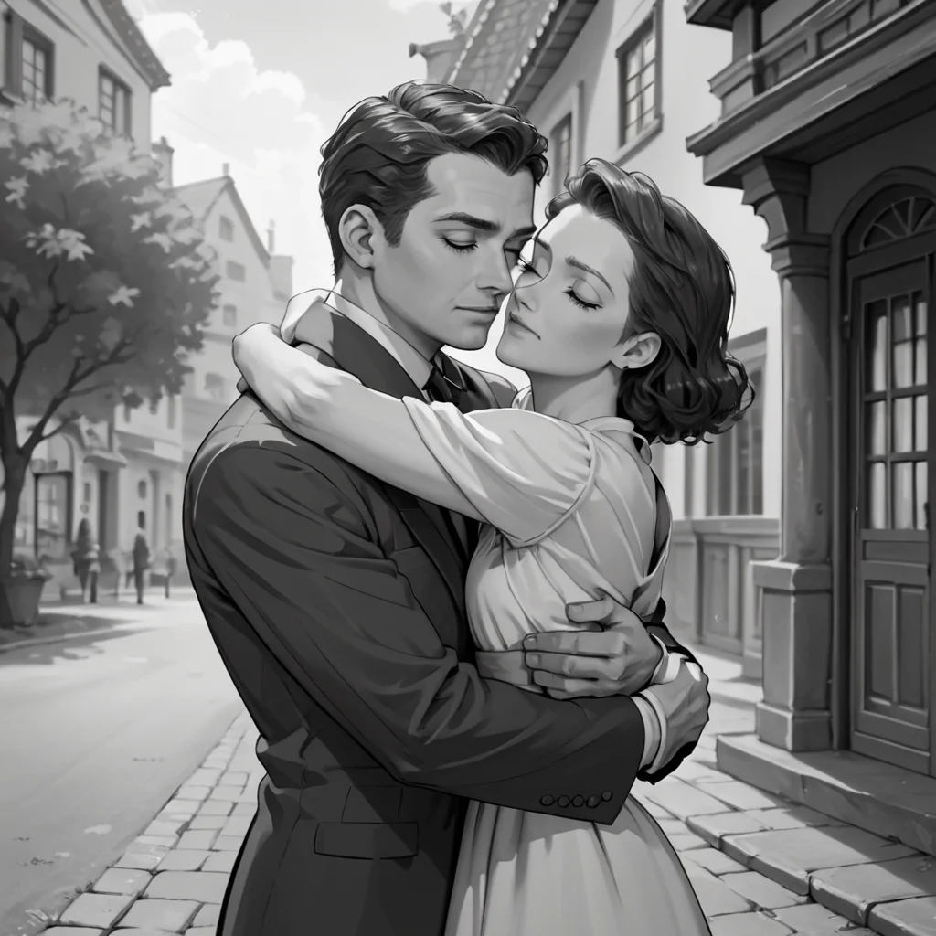 score_9, score_8_up, score_7_up, score_6_up, source_anime, portrait, hud_40s_lv, monochrome, greyscale, 1girl, 1boy, suit, dress, hug, film grain, cinematic, <lora:40sromance-000007:0.8>, outdoors