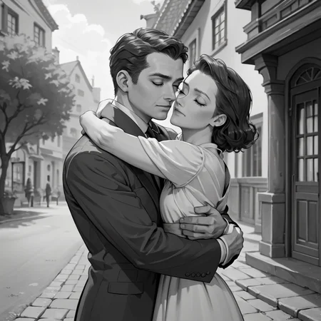 score_9, score_8_up, score_7_up, score_6_up, source_anime, portrait, hud_40s_lv, monochrome, greyscale, 1girl, 1boy, suit, dress, hug, film grain, cinematic, <lora:40sromance-000007:0.8>, outdoors