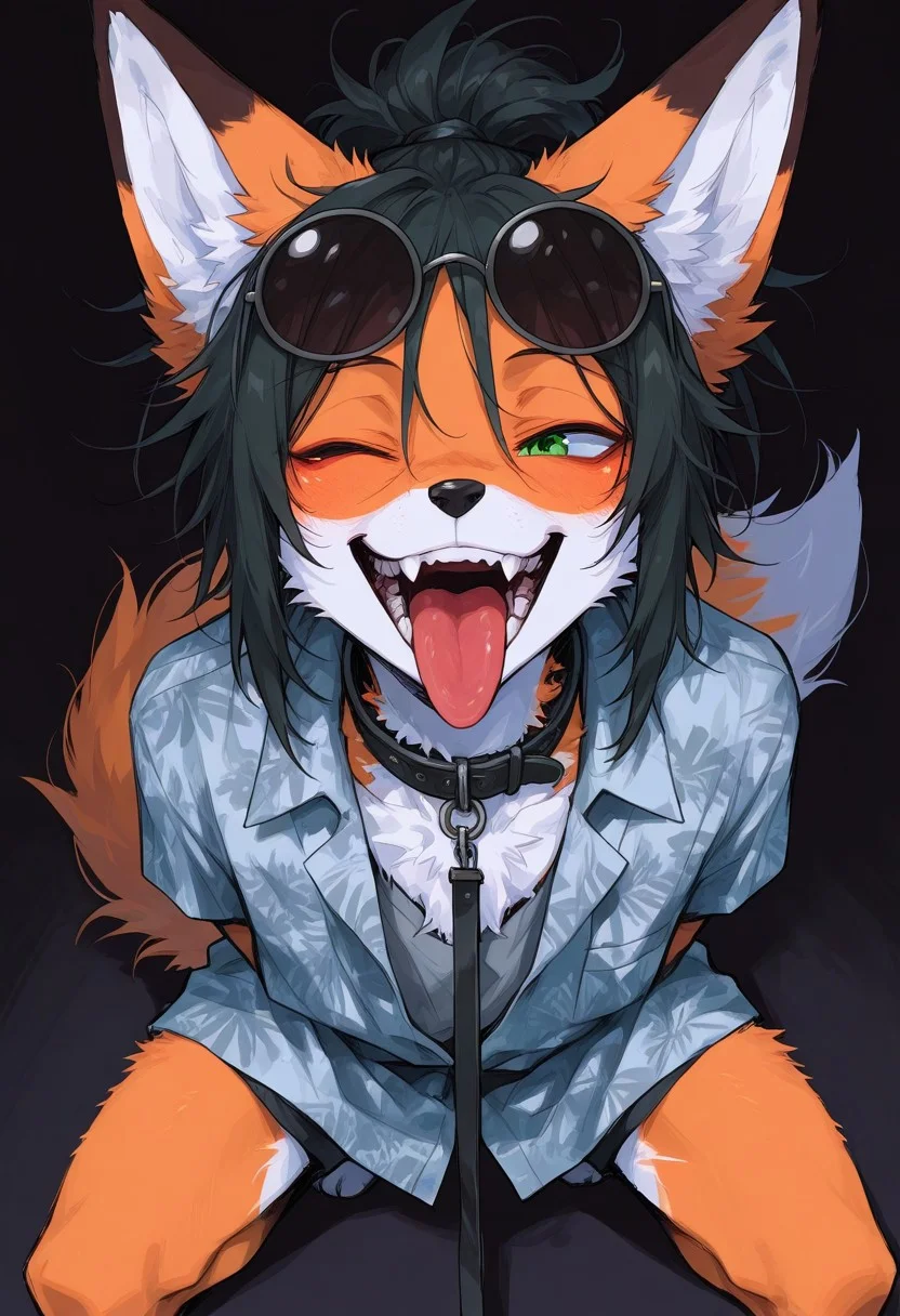 score_9, score_8_up, score_7_up, masterpiece, best quality, high quality, sharp lines, solo, furry, fur, fur covered,
BREAK, anthro, skinny, fox, furry, male, green eyes, orange fur, messy hair, black hair, hair combed back, ponytail, round sunglasses on head, grey hawaiian shirt partially taken off, collar, leash, bandaged, one eyes closed, mouth shot, smile, mouth open wide, teeth, tongue out, head raised, hands behind back, kneeling, detailed, colorful, dark background, view from above