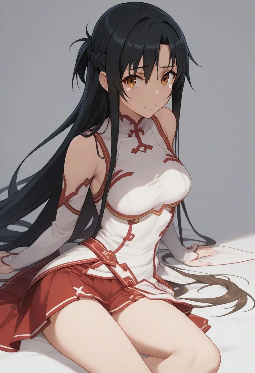 score_9, score_8_up, score_8, score_7_up, score_7.
simple background.
1girl, Asuna from sword art online, black hair, white clothes, red skirt, sexy thigh. one-handed rapier. stare at viewer, tears.
