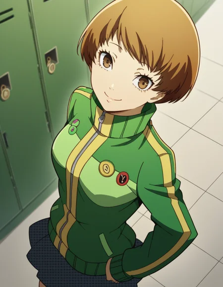 score_9, score_8_up, score_7_up, source_anime, <lora:chie-satonaka-s1-ponyxl-lora-nochekaiser:1>, chie satonaka, short hair, brown hair, brown eyes, medium breasts,, skirt, jacket, shoes, socks, track jacket, badge, button badge, smiley face, green jacket,, school hallway, lockers, between classes, everyday life, smile, , smile, from above,, solo,, cowboy shot, dutch angle