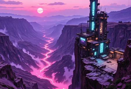 OBxiaoxiang, CAICO, inksketch purple and lavender theme, Abstract digital painting in the style of ck-js, detailed photorealistic image, a sci-fi Miningstation of colossal buildings and towers in a barren lavender lush landscape, looking like an Mining Outpost perched at the Cliff, a smelter attached to the structures, of a volcanic cliff, its sleek towers a stark contrast to the cliffs surrounding it. The planet’s sun casts a vivid, cyan surreal light across the station, while deep fissures reveal glowing rivers of molten pink lava far below. The sky is a surreal shade of black and purple, dark glowing diodes and lights ((dark glowing diodes, lights and neon signs), Firestorm Inc. written on the neon signs), attached to the building is a landing field with 3  Spaceships landed on it, Dragonkin like creatures are around fixing some spaceships, two moons hanging low in the horizon, each reflecting light off the surface, large depth of field. The sky is a dark pink, with 2 broken moons hanging low in the horizon <lora:more_details>
realistic, detailed background, shaded, detailed, hi res, realistic, photography \(artwork\), (by kenket), by ross tran, by michael & inessa garmash, by pino daeni, by isvoc, by kiguri, by alena aenami, by ruan jia, (by zenthetiger, by wolfy-nail), by Enki Bilal, by drmax, photorealism, <lora:add_detail:1.3