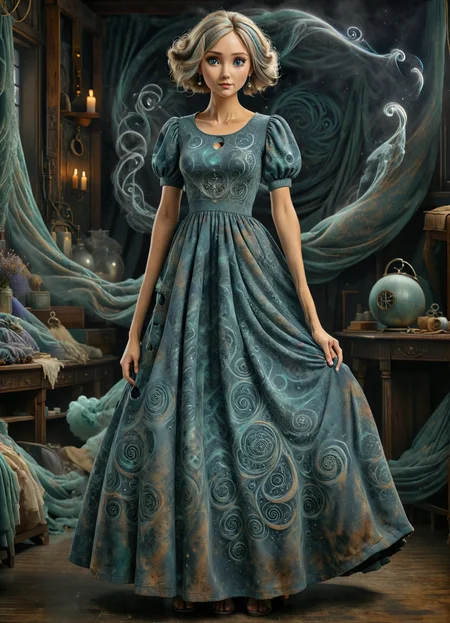 DonM50u13ff1g13XL comfy full body clothing, crew neck, nano-fiber plating, swirl pattern, puff sleeves, maxi length, empire waist, ball gown skirt, pocket flaps,,keyhole back,,distressed wash <lora:DonM50u13ff1g13XL:1>