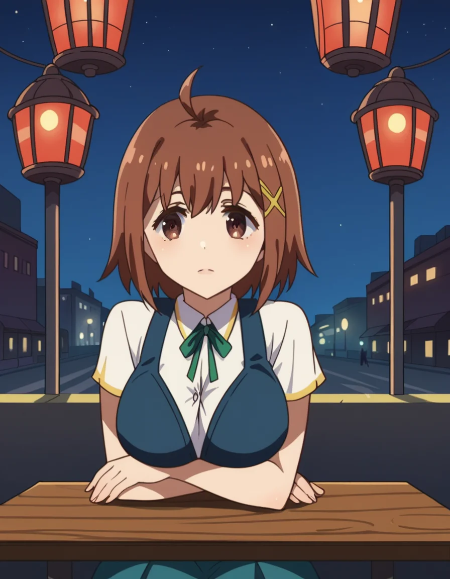 score_9, score_8_up, score_7_up, source_anime, <lora:nimi-minimi-s1-ponyxl-lora-nochekaiser:1>, nimi minimi, short hair, large breasts, brown hair, hair ornament, brown eyes, ahoge, x hair ornament, skirt, school uniform, blue skirt, short sleeves, collared shirt, ribbon, green ribbon,, city street, evening, streetlights, walking dog, quiet neighborhood, gentle breeze, , , sitting, elbow rest, table,, solo,, cowboy shot, dutch angle