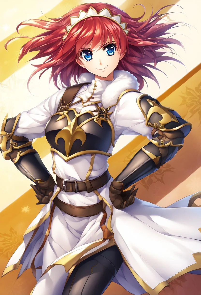 1girl, solo, red hair, red eyes, short hair, Hands on hips, headdress, serious, bodysuit, skirt, collar, breast plate, single shoulder pad, elbow gloves, black thighhighs, boots, greaves, standing, outdoors, <lora:Cecily XL:1>, score_9, score_8_up, score_7_up, score_6_up, score_5_up, score_4_up, BREAK source_anime, masterpiece, (masterpiece:1.1), (best quality:1.1), 1girl, Real light and shadow, anime face, 4k, 8k, wallpaper,epic, detail texture, Red hair, (blue eyes:1.5), ((((Red hair:1.35, medium hair)))),intricate eyes,beautiful detailed eyes,symmetrical eyes,big eyes:1.5,detailed body,(detailed face)), cute, erotic,daring, (((medieval armor,adventurer armor,winter coat))),(((intricate outfit,intricate clothes, ushanka, embroidered outfit,ornate outfit,embroidered clothes,ornate armor))), (dynamic pose:1.0),happy,smile,(centered,scale to fit dimensions,Rule of thirds), highres,sharp focus,(ultra detailed,extremely detailed),(((vibrant colors,vibrant theme))),(intricate),(masterpiece),(best quality),ng_deepnegative_v1_75t, easynegative, OverallDetail