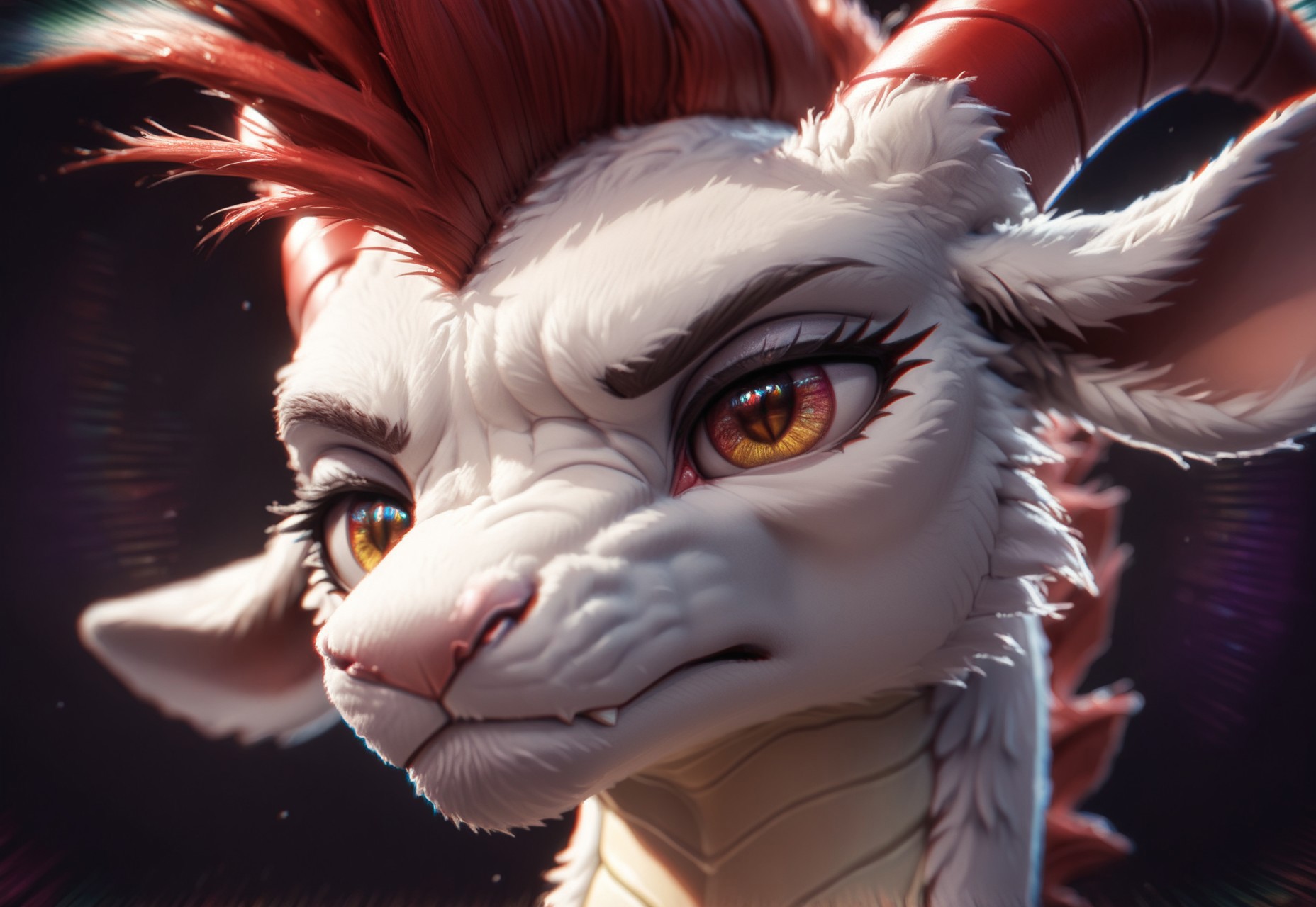 (((source_furry)))Score_9, score_8, score_7_up, Embril, goat dragon hybrid, eye close up, red mohawk, red ram horns, yellow eyes, eye reflection, close up eyes, only eyes, reflection, eyelashes, one eye, angry, 
simple dark background, st4t1ctv, chromatic aberration, glitch, vapor_graphic, glitching