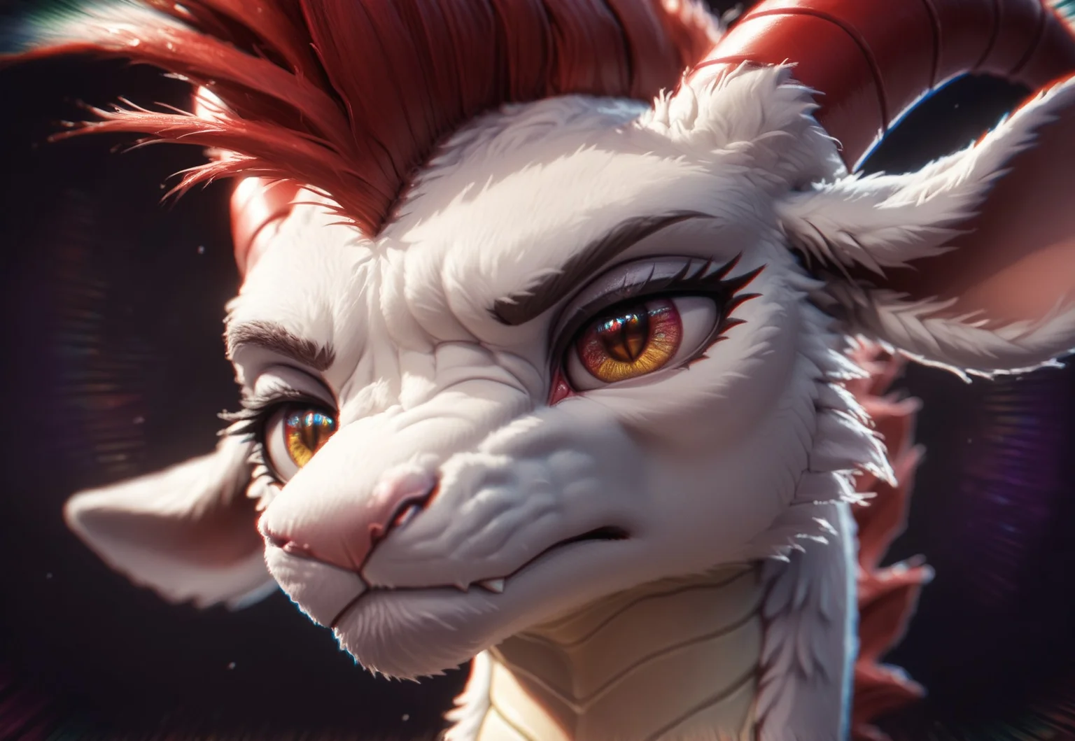 (((source_furry)))Score_9, score_8, score_7_up, Embril, goat dragon hybrid, eye close up, red mohawk, red ram horns, yellow eyes, eye reflection, close up eyes, only eyes, reflection, eyelashes, one eye, angry,
simple dark background, st4t1ctv, chromatic aberration, glitch, vapor_graphic, glitching
