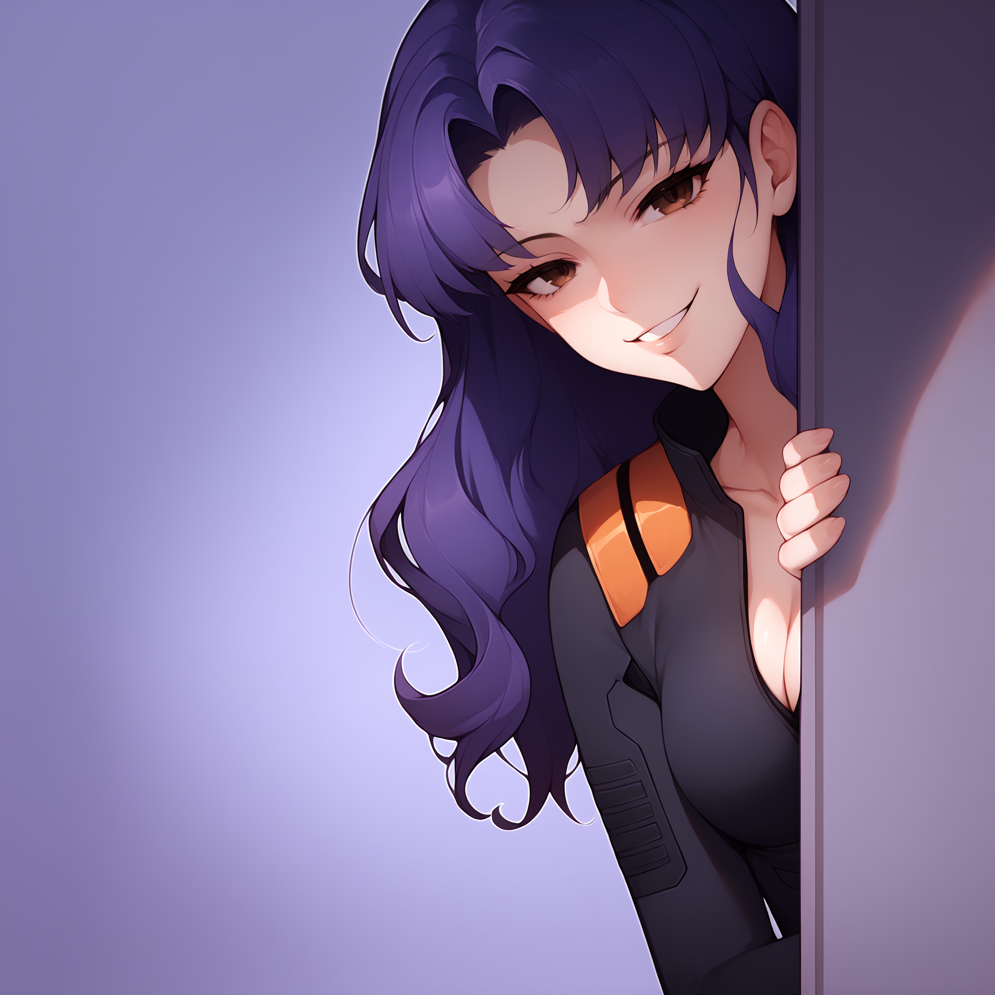 score_9, score_8_up, score_7_up, score_6_up, source_anime, peeking out, upper body, misato katsuragi, seductive, beautiful <lora:midori_eva_alpha:1> black bodysuit, purple hair, brown eyes, 
 <lora:PeekingOut_pdxl_Incrs_v1:.5> hiding behind wall, parted lips, beautiful, smug, simple background, cleavage, collarbone