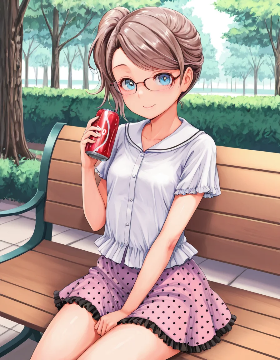 masterpiece, amazing quality, high resolution, park, bench, trees, Soyoka, petite, flat chest, glasses, blue eyes, brown hair, side ponytail, sideswept bangs, frill shirt, polka dot skirt, sitting on bench, looking at viewer, smiling. holding can of soda