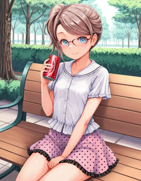 masterpiece, amazing quality, high resolution, park, bench, trees, Soyoka, petite, flat chest, glasses, blue eyes, brown hair, side ponytail, sideswept bangs, frill shirt, polka dot skirt, sitting on bench, looking at viewer, smiling. holding can of soda