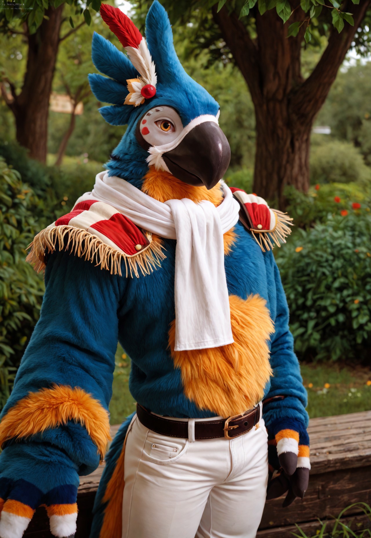 score_9, score_8_up, score_7_up, score_6_up, BREAK, anthro, male, KassPXL, anthro, yellow eyes, feathers, muscular:1.3, hunky, white scarf, stripped shoulder pads, white pants, belt, feather headpiece, (fursuit), looking at viewer, photorealistic, park