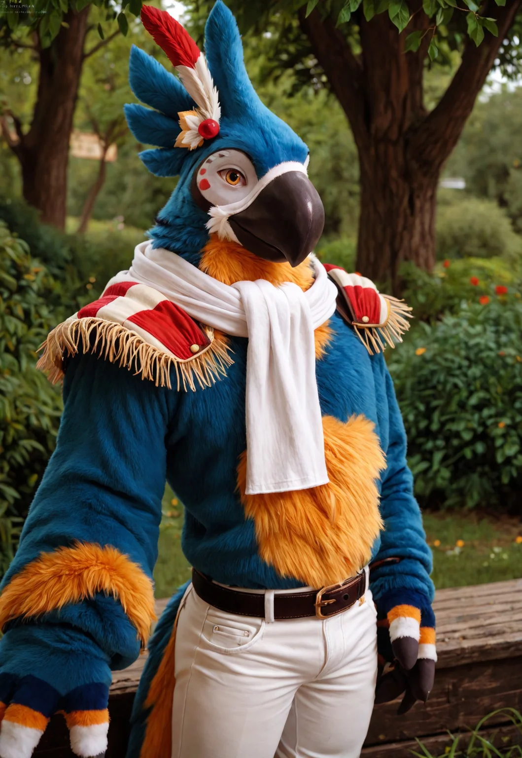 score_9, score_8_up, score_7_up, score_6_up, BREAK, anthro, male, KassPXL, anthro, yellow eyes, feathers, muscular:1.3, hunky, white scarf, stripped shoulder pads, white pants, belt, feather headpiece, (fursuit), looking at viewer, photorealistic, park