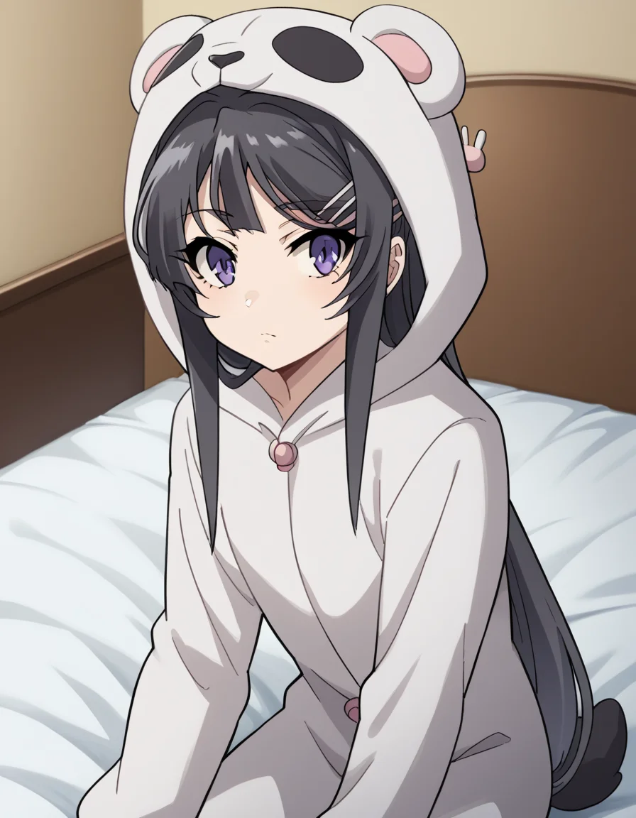 score_9, score_8_up, score_7_up, source_anime, maisakurajima, <lora:mai-sakurajima-s1-ponyxl-lora-nochekaiser:1> mai sakurajima, long hair, bangs, black hair, hair ornament, purple eyes, hairclip, rabbit hair ornament,, <lora:kigurumi-ponyxl-lora-nochekaiser:1>, kigurumi, animal hood, animal costume, cosplay, rabbit costume, dragon costume, bear costume, dinosaur costume, sheep costume, cat costume, dog costume, panda costume, tiger costume,, indoors, bed, bed room, sitting, , looking at viewer, solo, cowboy shot, dutch angle