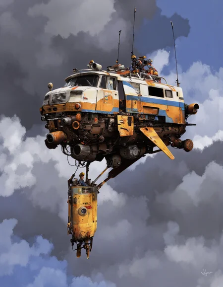 By Ian McQue. A digital illustration shoot from a low angle about a futuristic floating vehicle with a humanoid figure, suspended in the sky against a cloudy backdrop. the image also shows a stylized, abstract background with a mix of blue and gray hues. on the middle of the image, a robot appears to be in a state of isolation, with its upper body visible. the robot is wearing a yellow helmet and has a slim body. it is equipped with various mechanical components, including a camera, a joystick, and a control panel. on top of the robot, there are two antennae extending from the vehicle, which is suspended in mid-air, giving it a sense of movement. the sky is filled with fluffy, gray clouds, adding to the sense of depth and atmosphere in the image. the artist's signature is visible in the bottom right corner, adding a personal touch to the artwork.