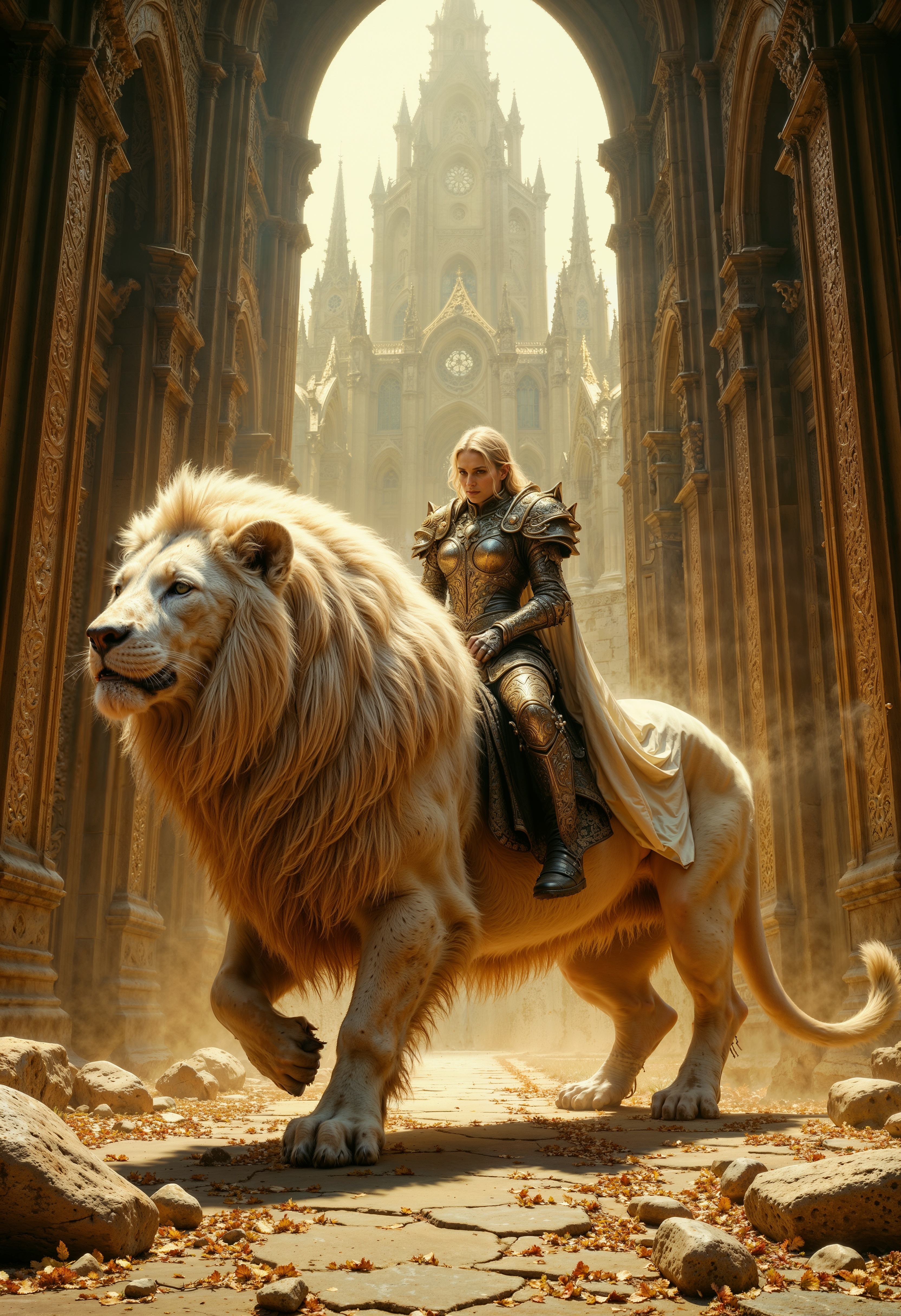 R3alisticF, a highly detailed digital fantasy artwork depicting a blonde, armored female warrior with a stern expression riding a majestic, white, fluffy lion. The warrior wears intricate, metallic armor with gold accents and a flowing white cape. She is positioned to the right, with the lion's head to the left. The background showcases a grand, Gothic cathedral with intricate architecture, tall spires, and a large dome, all bathed in a mystical, golden light. The image conveys a sense of power, nobility, and ancient mythology.
  <lora:FluxMythR3alisticF:1>