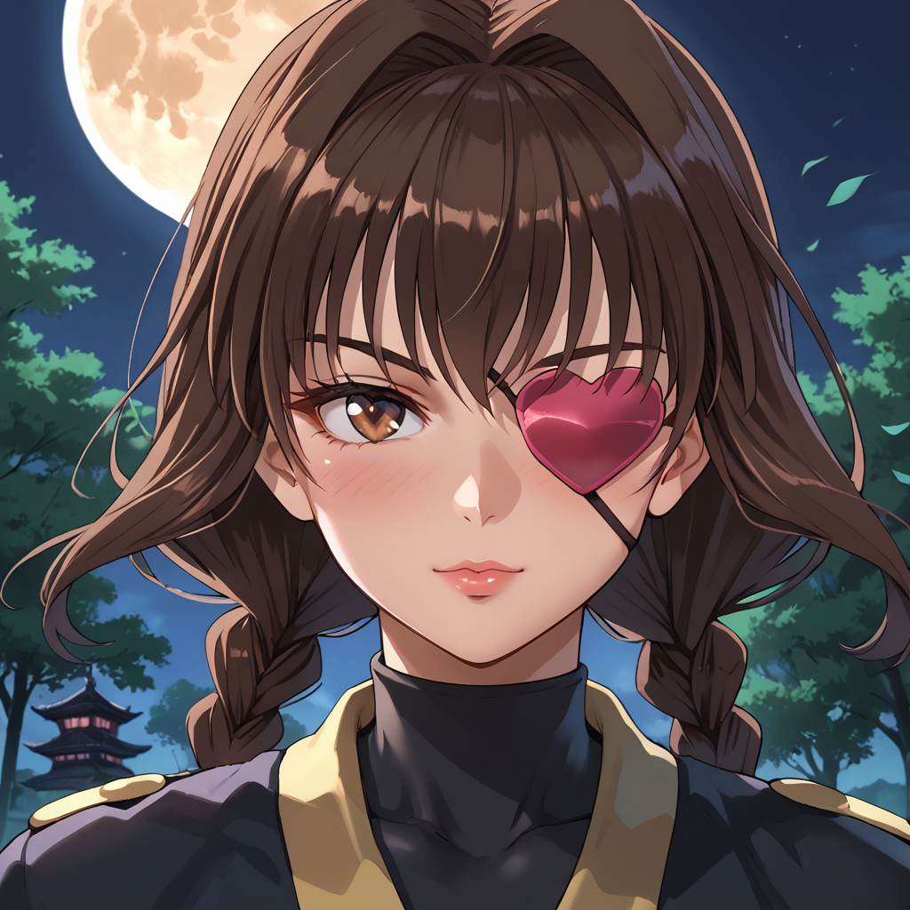 outdoors, nighttime, moon, <lora:Yagyu_Jubei_the_Second_-_Jubei-chan_The_Ninja_Girl-000018:.7> jubei-chan, 1girl, solo, brown hair, brown eyes, bangs, braids, low twin braids, long braids, eyepatch, heart eyepatch, ninja, kunoichi, close up,