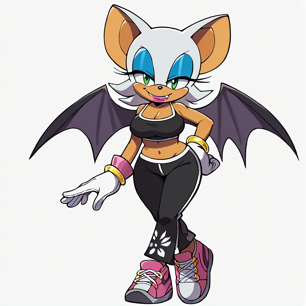score_9, score_8_up, score_7_up, score_6_up, score_5_up, score_4_up, BREAK, <lora:Rouge_the_bat:1>, 1girl, solo, breasts, looking at viewer, smile, short hair, simple background, gloves, white background, navel, animal ears, bare shoulders, medium breasts, green eyes, standing, full body, white hair, shoes, sneakers, wings, alternate costume, fang, midriff, pants, white gloves, bracelet, crop top, hand on hip, makeup, black pants, happy, bat wings, lipstick, furry, eyeshadow, furry female, animal nose, blue eyeshadow, bat ears, Rouge the bat, large breasts, wide hips, 
<lora:shexyo style xl:1>
