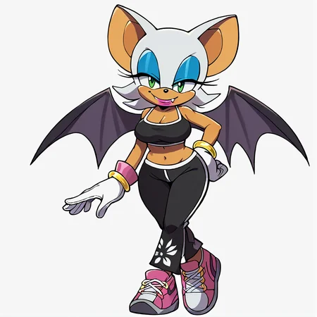 score_9, score_8_up, score_7_up, score_6_up, score_5_up, score_4_up, BREAK, <lora:Rouge_the_bat:1>, 1girl, solo, breasts, looking at viewer, smile, short hair, simple background, gloves, white background, navel, animal ears, bare shoulders, medium breasts, green eyes, standing, full body, white hair, shoes, sneakers, wings, alternate costume, fang, midriff, pants, white gloves, bracelet, crop top, hand on hip, makeup, black pants, happy, bat wings, lipstick, furry, eyeshadow, furry female, animal nose, blue eyeshadow, bat ears, Rouge the bat, large breasts, wide hips,
<lora:shexyo style xl:1>