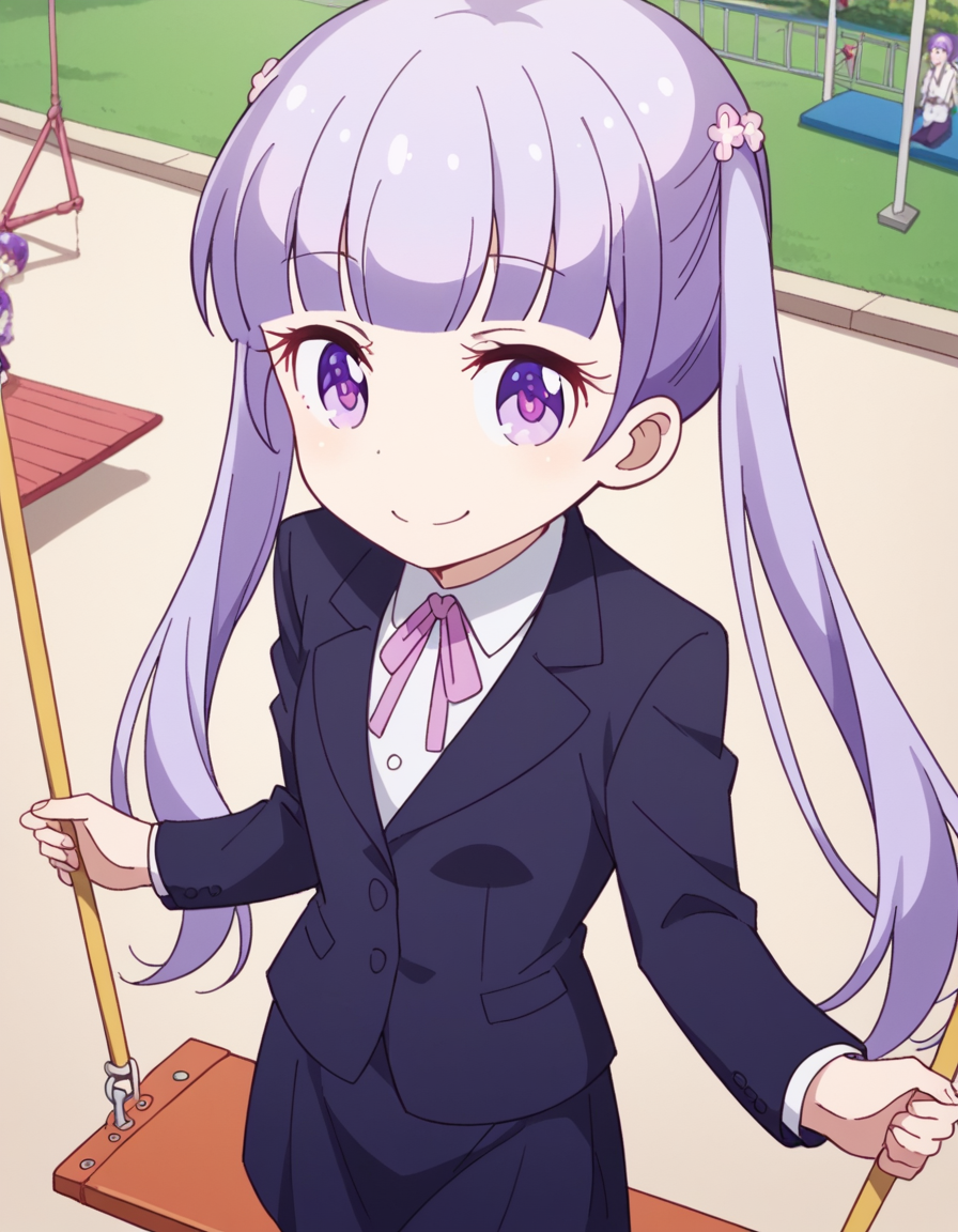score_9, score_8_up, score_7_up, source_anime, <lora:aoba-suzukaze-s2-ponyxl-lora-nochekaiser:1>, aoba suzukaze, eyebrows, hair ornament, long hair, purple eyes, purple hair, twintails,, blue skirt, bow, bowtie, business suit, dress shirt, formal, neck ribbon, pink bow, pink bowtie, pink ribbon, ribbon, shirt, skirt, skirt suit, suit, white shirt,, public park, playground, swing set, laughter, sunny day, , looking at viewer, smile, from above,, solo,, cowboy shot, dutch angle