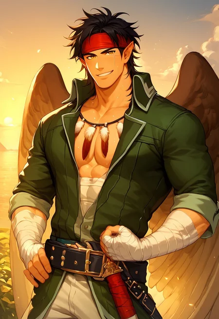 (((score_9_up, score_8_up, score_7_up, best quality, amazing quality, best aesthetic, perfect eyes))),1boy, solo, TibarnFE, black hair, yellow eyes, pointy ears, scar on face, black hair, red headband, feathered wings, green jacket, open jacket, belt, white pants, waist up, feather necklace, bandages, one hand on waist, flexing one bicep, sweaty, flushed, smile, both eyes open, outside, sunset, muscular male, large pectorals, expressiveh