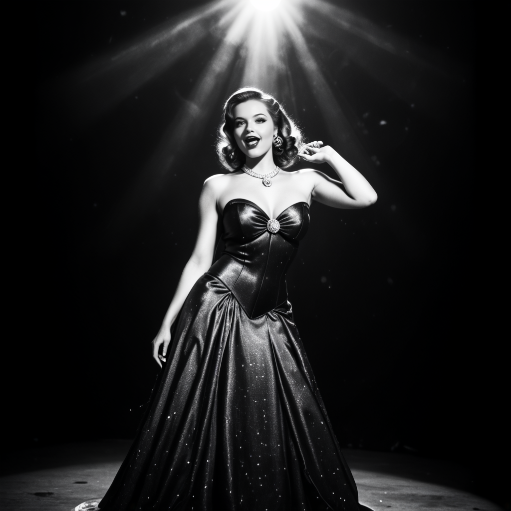 nstylev2, Film noir style, ultra realistic, ultra defined textures, monochrome, dynamic posing, a curvy blond singer on a small state,  in a fancy gala night dress, singing in a smoky underground cabaret, sensual pose, spotlight,  <lora:Noir-Style_FilmPhotography_V1_-_Pony-000010:0.7>