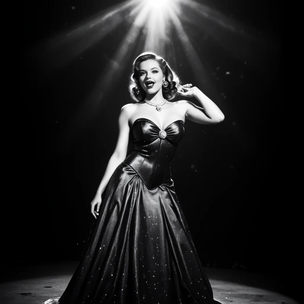 nstylev2, Film noir style, ultra realistic, ultra defined textures, monochrome, dynamic posing, a curvy blond singer on a small state, in a fancy gala night dress, singing in a smoky underground cabaret, sensual pose, spotlight, <lora:Noir-Style_FilmPhotography_V1_-_Pony-000010:0.7>