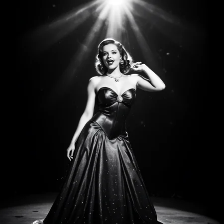 nstylev2, Film noir style, ultra realistic, ultra defined textures, monochrome, dynamic posing, a curvy blond singer on a small state,  in a fancy gala night dress, singing in a smoky underground cabaret, sensual pose, spotlight,  <lora:Noir-Style_FilmPhotography_V1_-_Pony-000010:0.7>