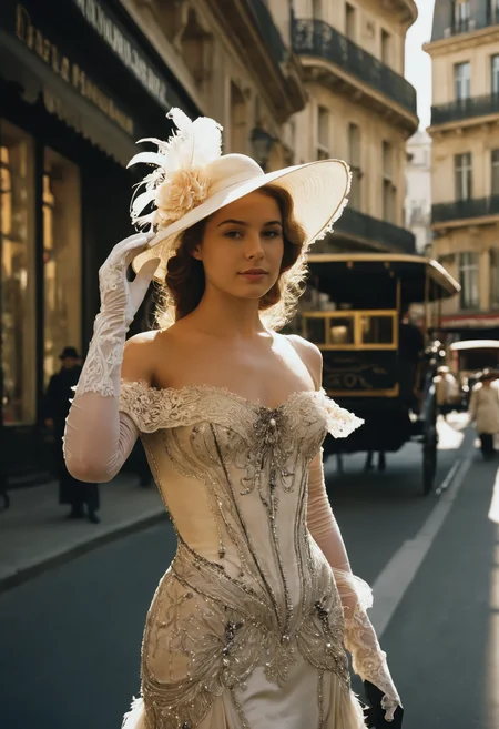 highly detailed cinematic photograph of a stunning young woman walking gracefully through a sunlit Parisian boulevard, circa 1905, wearing an ornate, form-fitting Belle Époque haute couture gown with delicate lace and beading, matching gloves, and a wide-brimmed hat with feathers, soft blush on her cheeks, expressive eyes, glowing skin with visible pores and subtle goosebumps, golden sunlight pouring through wrought iron balconies and early Art Nouveau façades, no modern elements, vintage pedestrians and horse-drawn carriages in the background, captured in Kodak Portra color tones with soft film grain, dreamy haze, inspired by the elegant mood of Casey Baugh and fashion styling of Tony Kelly, postcard composition, immersive historical fashion scene with high realism and evocative mood
