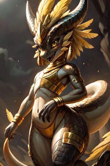 Tilt-shift, ((full shot)),
dragon, (raptor:0.5) scalie, female, detailed black scales, detailed vivid scales, intricate iridescent scales, detailed face, detailed eyes, (big eyes:0.5), claws, fangs, (kobold:1.2), horns, ears, oiled up, glossy skin, green hands, (green chest), yellow eyes, horns, black skin,
cute, young, (toned body:0.3), elegant, beautiful, bright eyes, expressive eyes, eyelashes, feminine, thick thighs, slim body, cute-fine-face,
round head, cute face, reflective eyes,
open mouth, smile, shiny, sharp teeth,
moving pose, side view, low angle,
(big yellow feather headdress)), long yellow crest feathers, yellow feather ornaments,
iridescent gold, golden necklace, golden bracers,
<lora:dragon:0.3>,
<lora:Tangbohu Detail Tweaker:-0.1>,
<lora:nanachi:0.3>,
<lora:Velociraptor_Dino:0.3>,
<lora:GAME_Gerudo_riju_aiwaifu69:0.3>;
by ulitochka, by darkgem, by thesecretcave, by silverfox5213, by hioshiru, by carrot,
Volumetric lighting, Rim lighting,
noon, blue sky, waves, birds in the sky, cove, coast,
((on the beach, tropical sea, horizon, sunlight)),
(ambient light on the body),
Ray tracing, concept art, highly detailed, ((masterpiece)), ((best quality)) cinematic composition, ultra realistic, (high detail:1.3), sharp focus