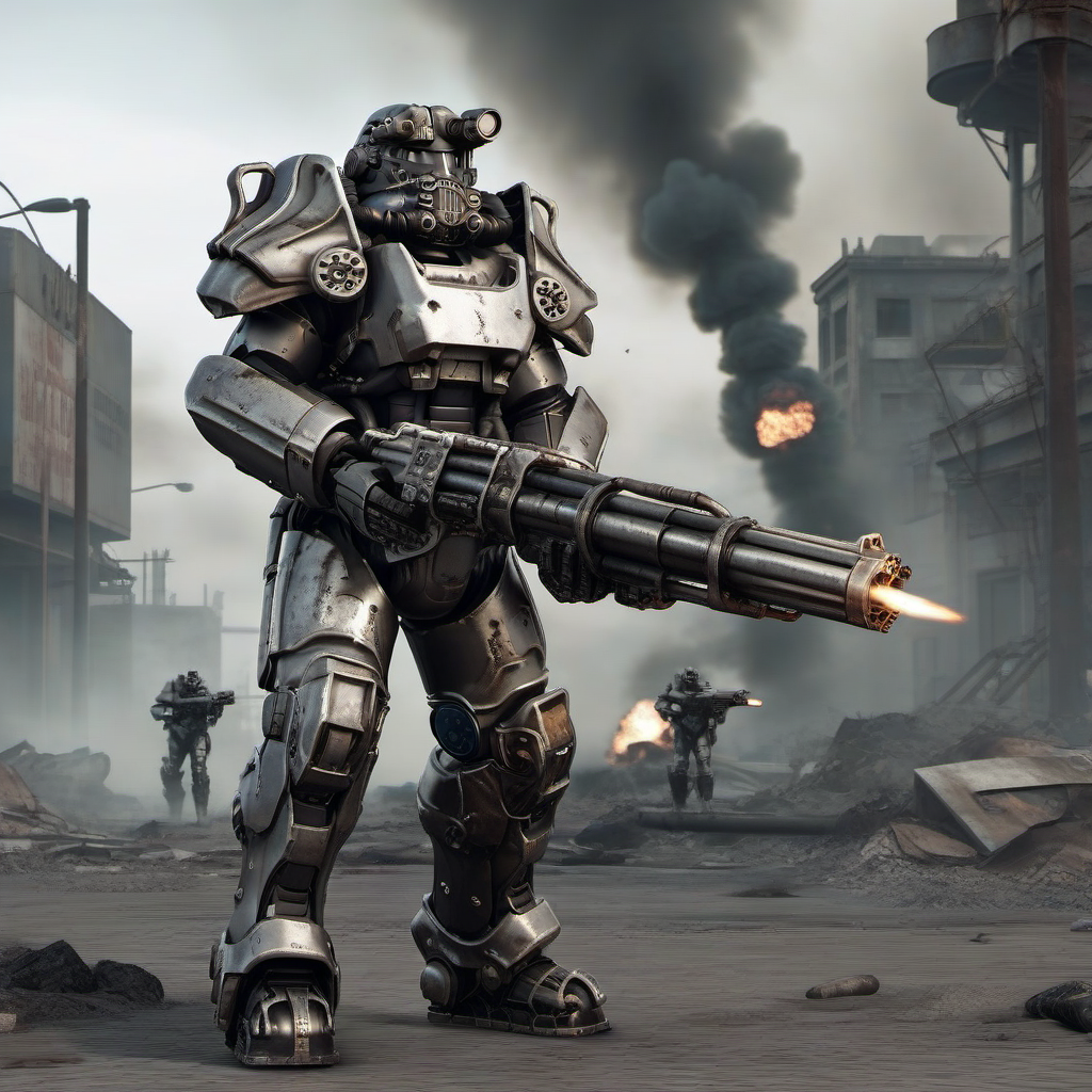 Dystopian style a futuristic armor shots a Gatling gun, Retrofuturism, war, explosions, fires, smoke <lora:Fallout1024:0.8> . Bleak, post-apocalyptic, somber, dramatic, highly detailed