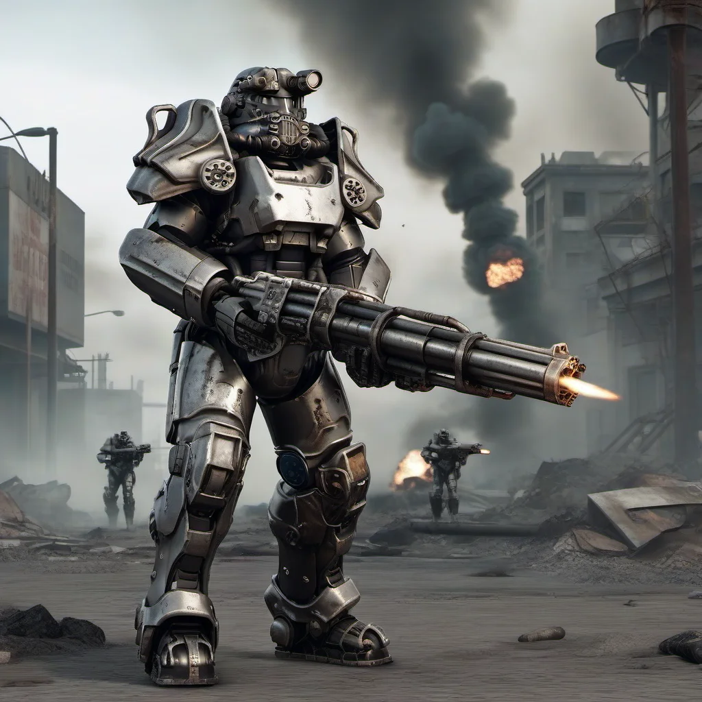 Dystopian style a futuristic armor shots a Gatling gun, Retrofuturism, war, explosions, fires, smoke <lora:Fallout1024:0.8> . Bleak, post-apocalyptic, somber, dramatic, highly detailed
