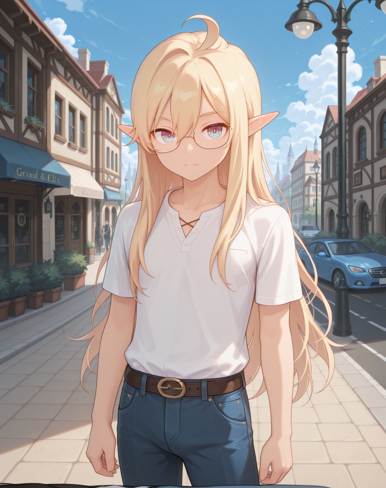 masterpiece,best quality,amazing quality, newest, very aesthetic, absurdres,
1boy, solo, yaoi, male focus, looking at viewer, cowboy shot, standing,
 <lora:Grandiel_Evolution_ilxl:1> grandielevolution, pointy ears, hair between eyes, ahoge, blonde hair, blue eyes, glasses, elf,
white shirt, jeans, sneakers,
outdoors, day, blue sky, building, street, road, lamppost, car,