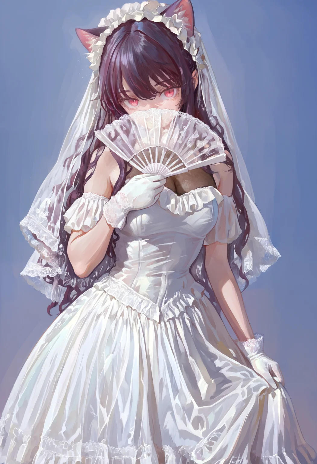 masterpiece, highres, absurdres, newest, very awa, painting \(medium\), (flat color:1.1), simple background, 1girl, solo, cat ears, animal ear fluff, purple hair, pink eyes, wedding dress, white dress, white veil, see-through cleavage, frilled dress, frilled hairband, lace trim, white gloves, holding, hand fan, covered mouth, <lora:spo_sdxl_10ep_4k-data_lora_webui>, <lora:illustrious_noobai_epsilon_pred_1_best_quality_v1:0.4>, <lora:FKEY_WAI>,