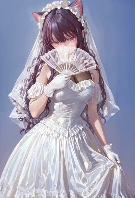 masterpiece, highres, absurdres, newest, very awa, painting \(medium\), (flat color:1.1), simple background, 1girl, solo, cat ears, animal ear fluff, purple hair, pink eyes, wedding dress, white dress, white veil, see-through cleavage, frilled dress, frilled hairband, lace trim, white gloves, holding, hand fan, covered mouth, <lora:spo_sdxl_10ep_4k-data_lora_webui>, <lora:illustrious_noobai_epsilon_pred_1_best_quality_v1:0.4>, <lora:FKEY_WAI>,
