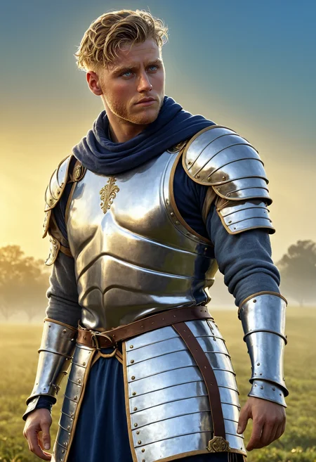 <lora:patrick_henning_sdxl_v1:0.8> patrickhenning as a knight-in-training with styled hair, standing on the edge of a misty training field at dawn, wearing lightweight silver and leather armor over a deep blue tunic, sunlight catching his face, semi-realistic fantasy style, photorealistic lighting, soft fog in the background, golden hour lighting, fantasy realism, detailed environment, photorealistic style, cinematic fantasy lighting, highly detailed, artistic fantasy style, extremely high quality image, HDR, fantasy, photo Centered in Perfect Composition, Complex Details Showing Unique and Enchanting Elements, Very Detailed Digital Painting, Golden Ratio, Dramatic Lighting, Very Realistic,
