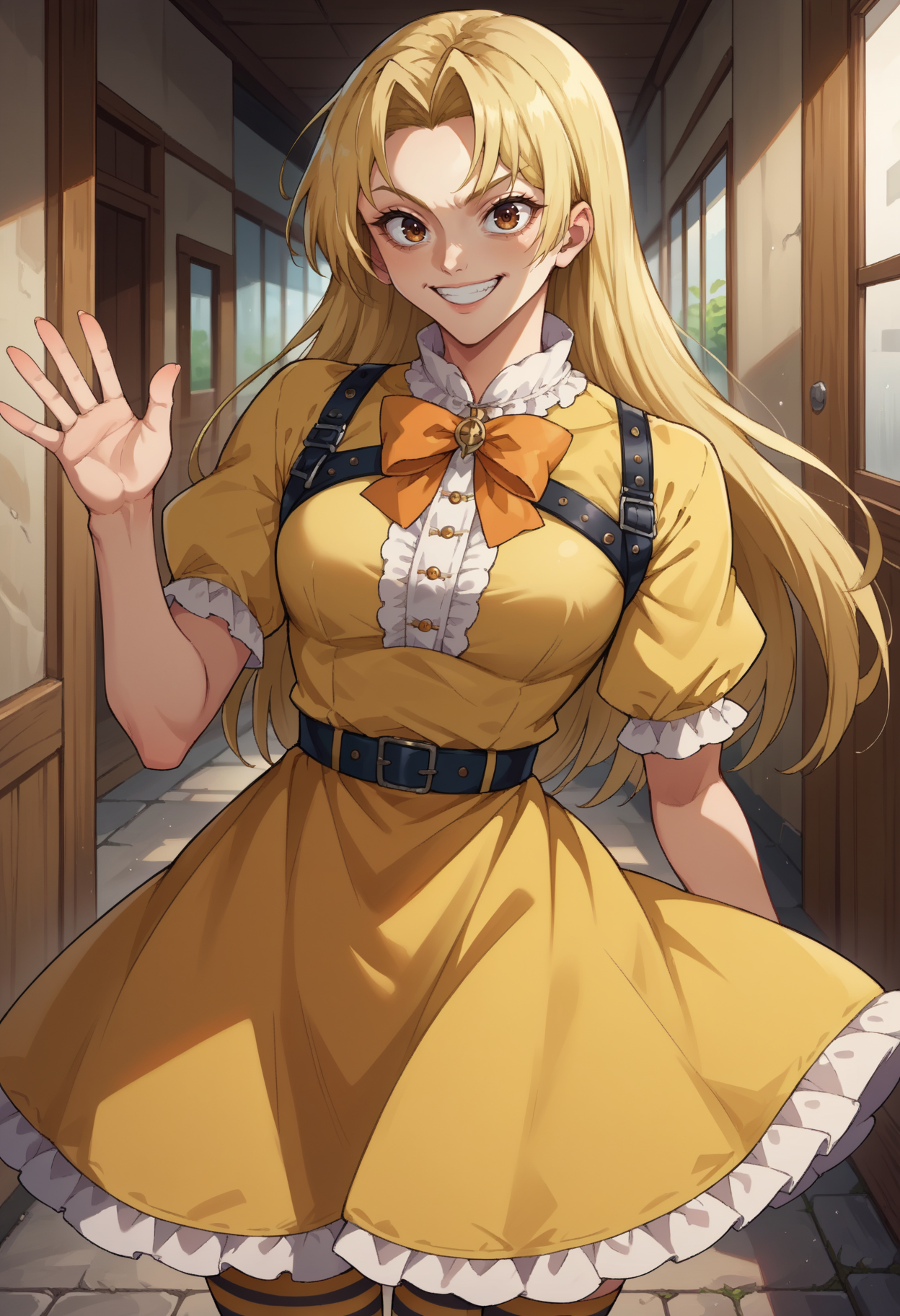 score_9, score_8_up,score_7_up, source_anime,1girl, solo, <lora:EPjjkTsukumoYuki:1>, EPjjkTsukumoYuki, long hair, blonde hair, brown eyes, parted bangs,  yellow frilled dress, white frills, orange bow, yellow dress, ribbons, grin,  strap, harness, confident, striped thighhighs, waving, smile
