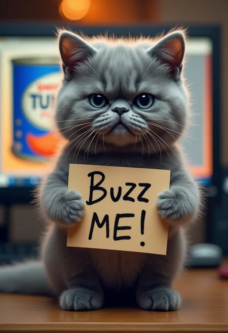 photo bokeh, blurred background
Grumpy gray british kitty standing up on 2 legs on a computer desk. The computer screen has an ai created picture of a can of tuna fish. He is holding a sign in his paws that says "Buzz ME!" written in sloppy child-like handwriting.