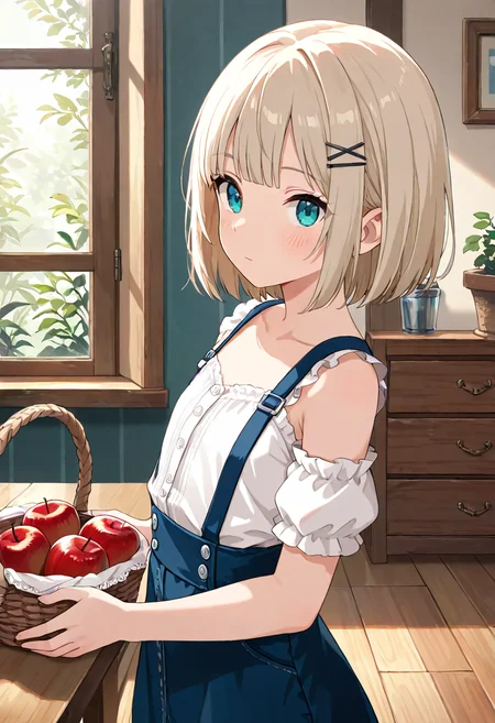 masterpiece, best quality, absurdres, very aesthetic, general,
1girl, solo, hair ornament, looking at viewer, indoors, short hair, hairclip, blue eyes, window, blush, bare shoulders, bangs, plant, closed mouth, basket, collarbone, off shoulder, white shirt, holding basket, detached sleeves, puffy short sleeves, blonde hair, suspenders, flat chest, blunt bangs, upper body, sunlight, suspender skirt, frills, standing, drawer, puffy sleeves, aqua eyes, sleeveless dress, eyebrows visible through hair, blue skirt, apple, cowboy shot, overalls, bob cut, light brown hair, table, high-waist skirt, expressionless, platinum blonde hair, eyelashes, cabinet, hairpin, chest of drawers, buttons, sleeveless shirt, eyebrows behind hair, from side, pinafore dress, white blouse, x hair ornament, sidelocks,