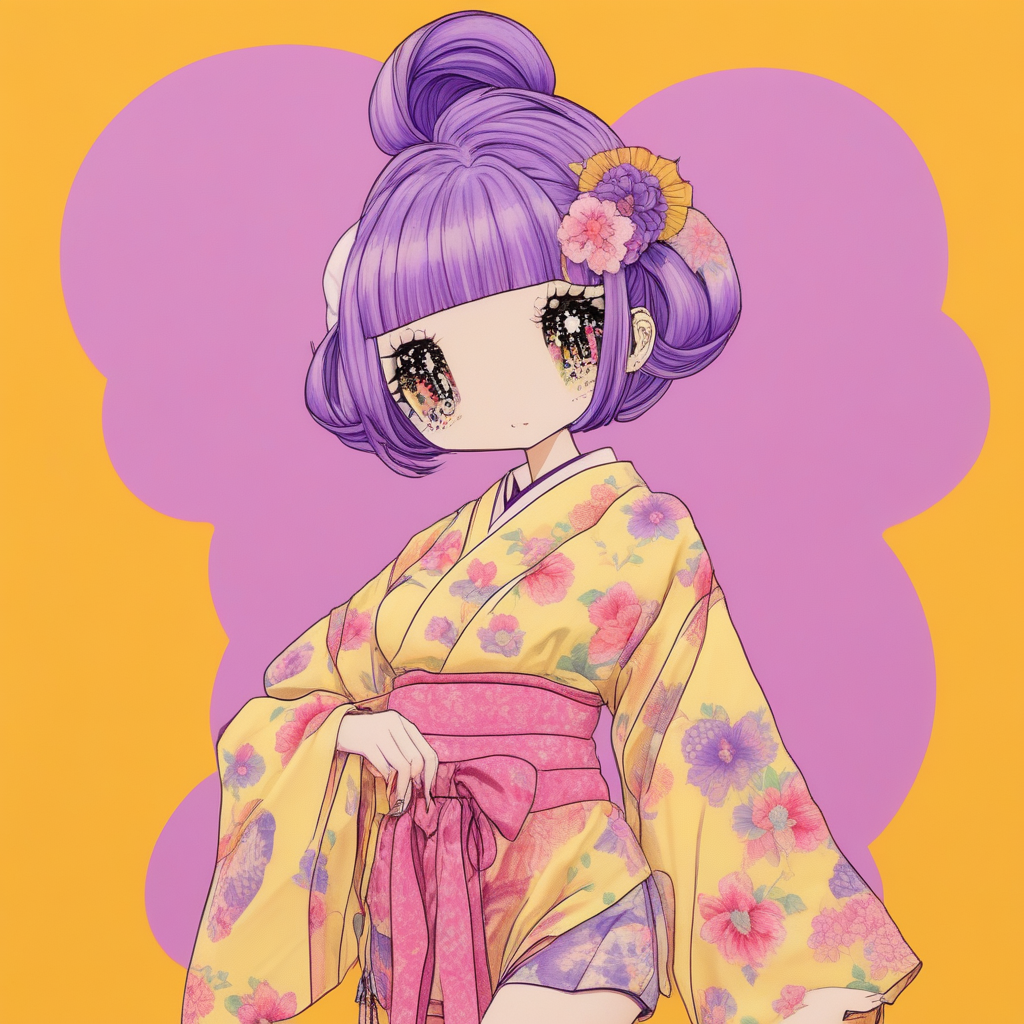 shorts, hair ornament, flower, kimono, bodysuit, pleated skirt, high heels, traditional media, harajuku, yellow background, breasts, purple hair, pink background