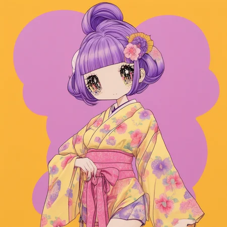 shorts, hair ornament, flower, kimono, bodysuit, pleated skirt, high heels, traditional media, harajuku, yellow background, breasts, purple hair, pink background
