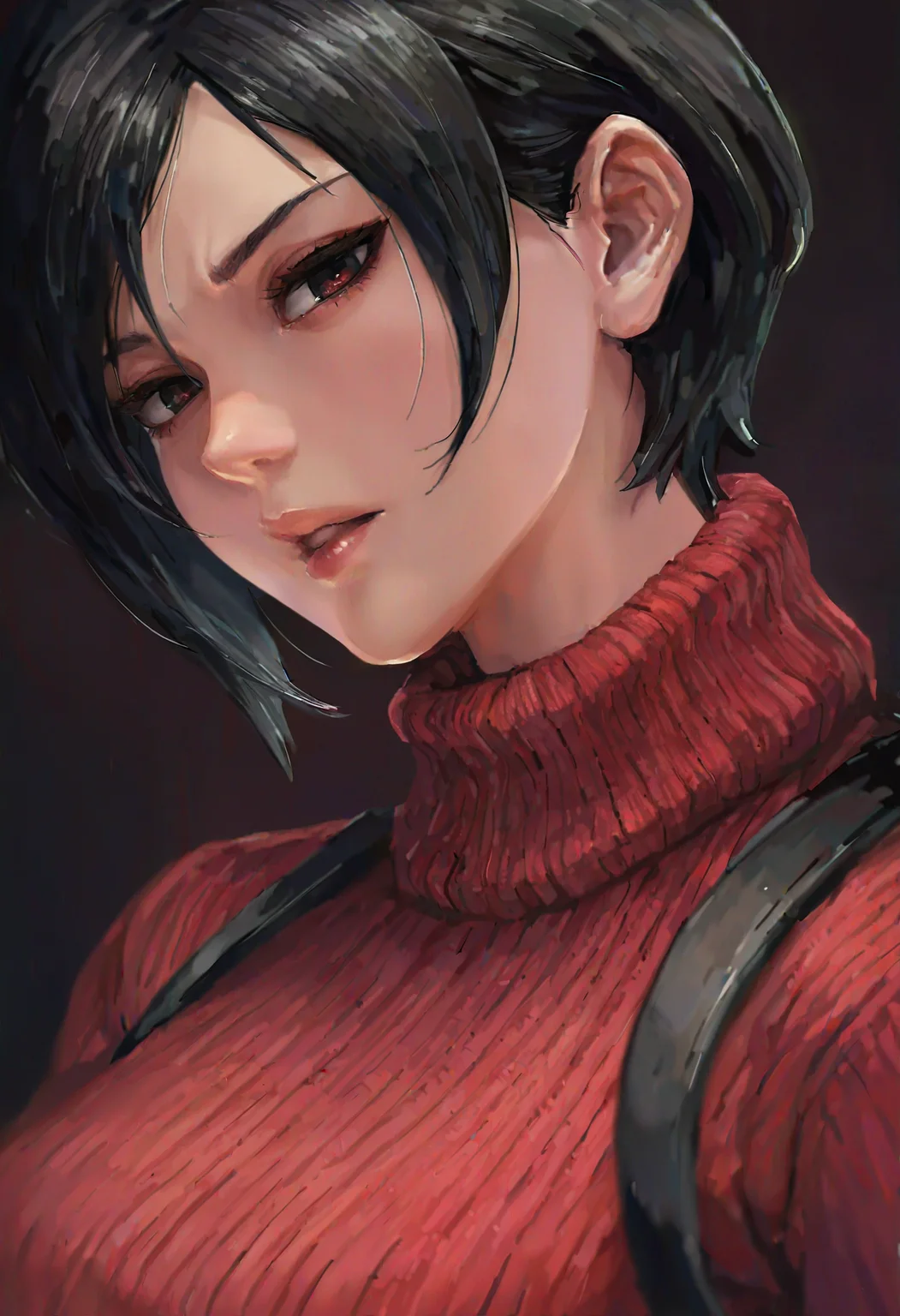 1girl, solo, ada wong, turtleneck sweater, red sweater, portrait, dark background, depth of field, long sleeves, ribbed sweater, parted lips, looking at viewer
masterpiece, best quality, <lora:miche-guy90-Illust-Lycorisv1:1>, miccceh