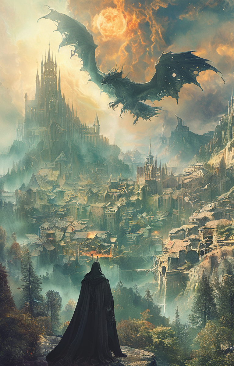 masterpiece,best quality,<lora:tbh168-sdxl:1>,illustration,style of Matthias Haker, Nazgul over sleeping town
