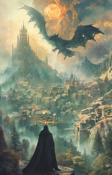 masterpiece,best quality,<lora:tbh168-sdxl:1>,illustration,style of Matthias Haker, Nazgul over sleeping town