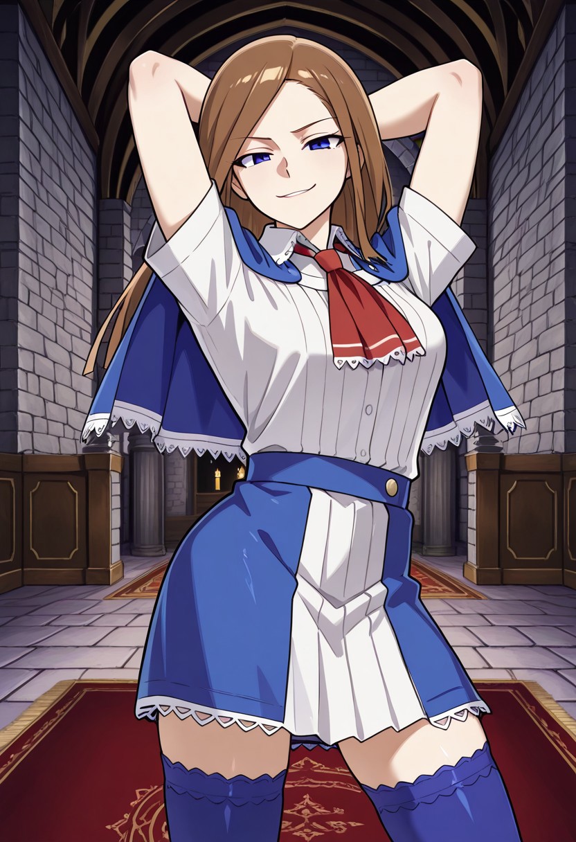 Solo, indoors, Castle, stone walls, Charlotte_Aulin, blue capelet, skirt, blue thighhighs, arms up, pose, looking at viewer, solo, carpet, regal interior, smirk, hands behind head,