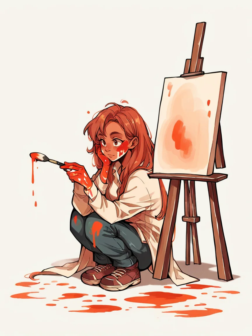 score_9, score_8_up, score_7_up, score_6_up, score_5_up, score_4_up, <lora:l414XLP3:0.8> l414, full body, 1girl, canvas, covered in paint, colorful, holding paint brush
